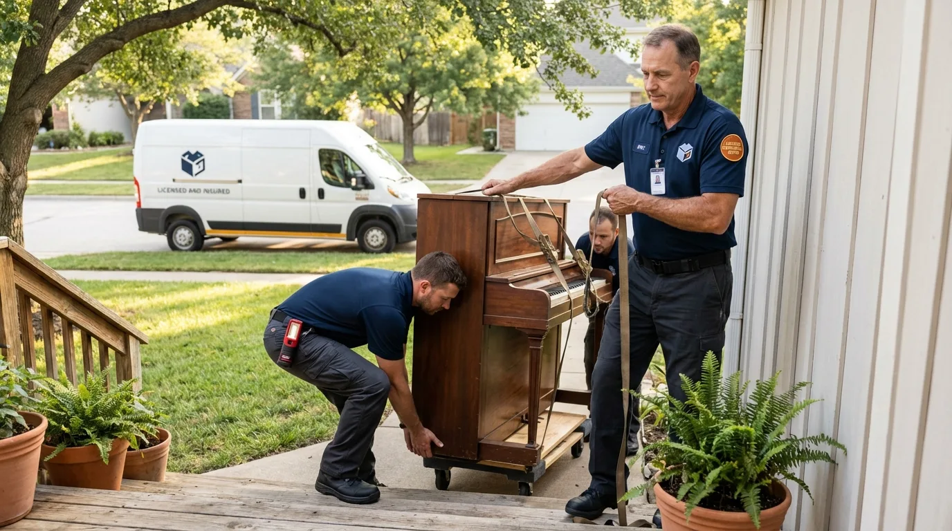Licensed piano movers securing grand piano in Pitman, NJ
