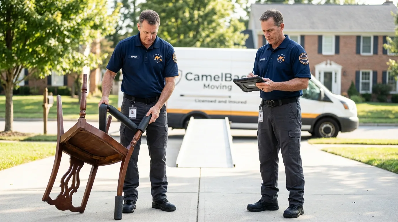 Movers inspecting furniture for damage prevention before loading in Pitman, NJ